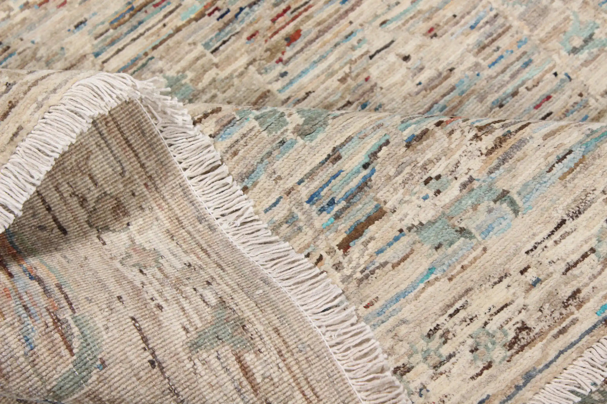 Light Afghan Rug with Sage Green Floral Detail, 296 × 252 cm, view 8.