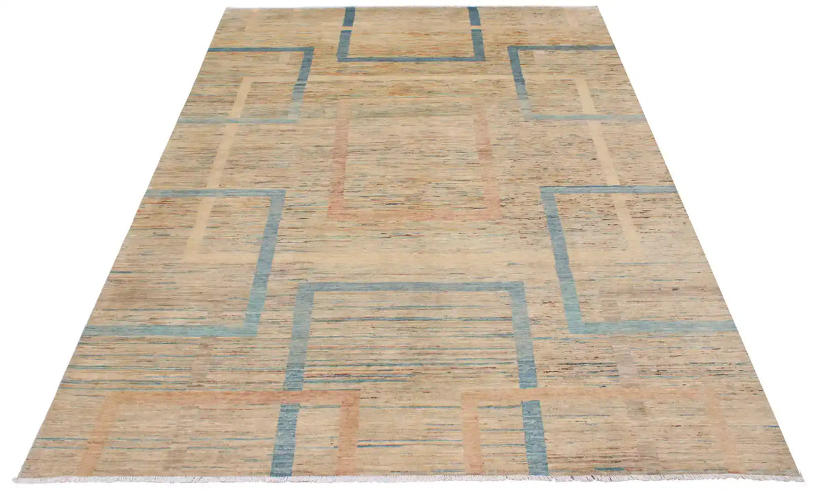 Moderner Wollteppich in Sand und Blau mit Rechtecken, 350 × 250 cm – Ansicht 2 des handgeknüpften Wollteppichs