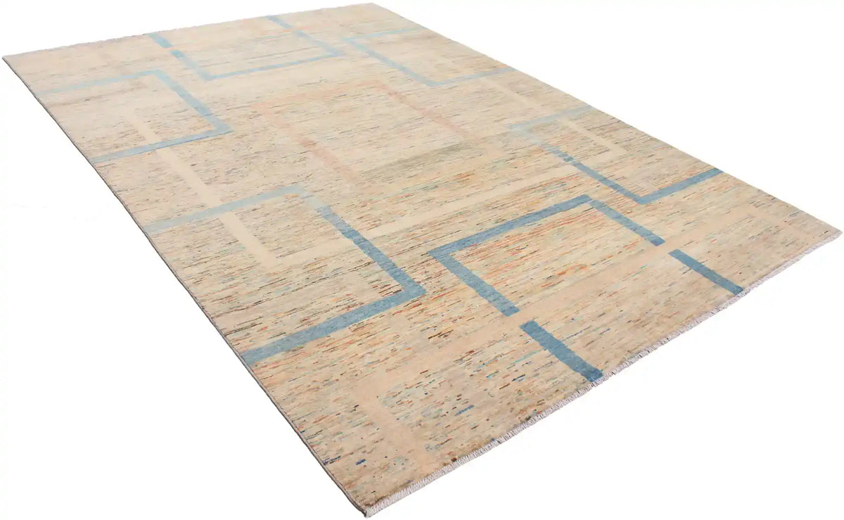 Moderner Wollteppich in Sand und Blau mit Rechtecken, 350 × 250 cm – Ansicht 3 des handgeknüpften Wollteppichs