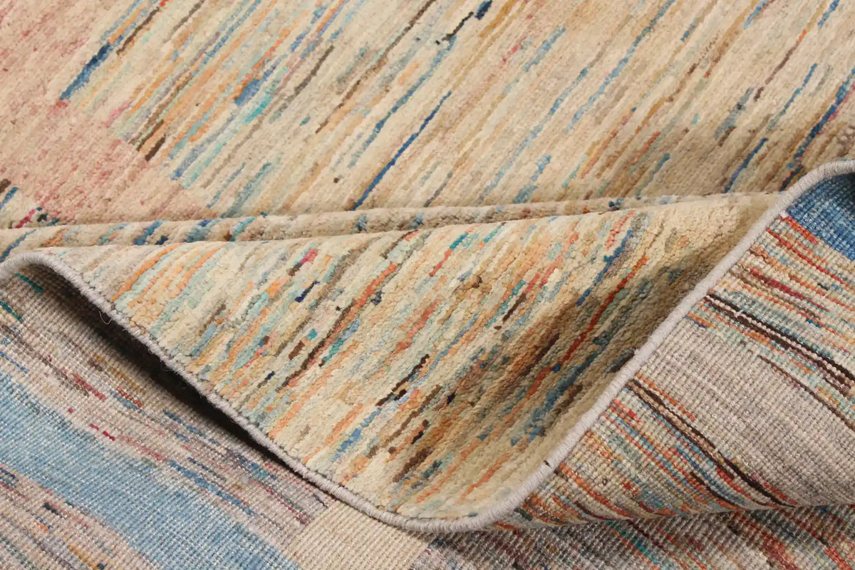 Moderner Wollteppich in Sand und Blau mit Rechtecken, 350 × 250 cm – Ansicht 6 des handgeknüpften Wollteppichs