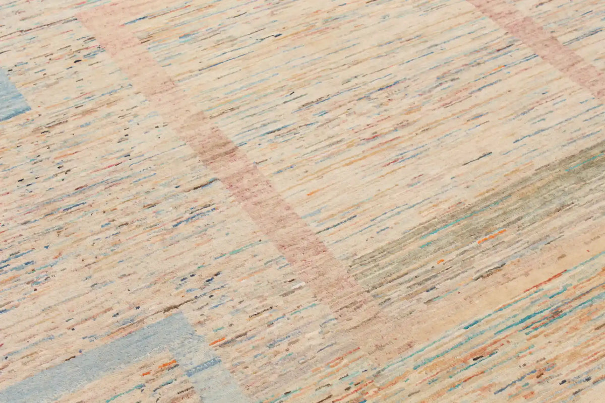 Moderner Wollteppich in Sand und Blau mit Rechtecken, 350 × 250 cm – Ansicht 9 des handgeknüpften Wollteppichs