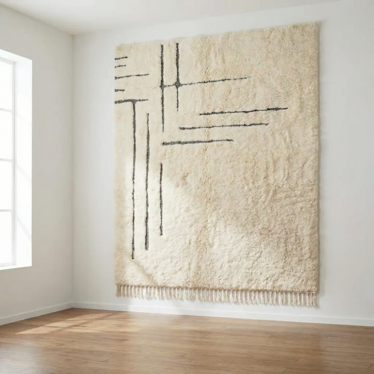Moroccan wool rug, asymmetrical black lines on a cream high-pile ground, product view 5