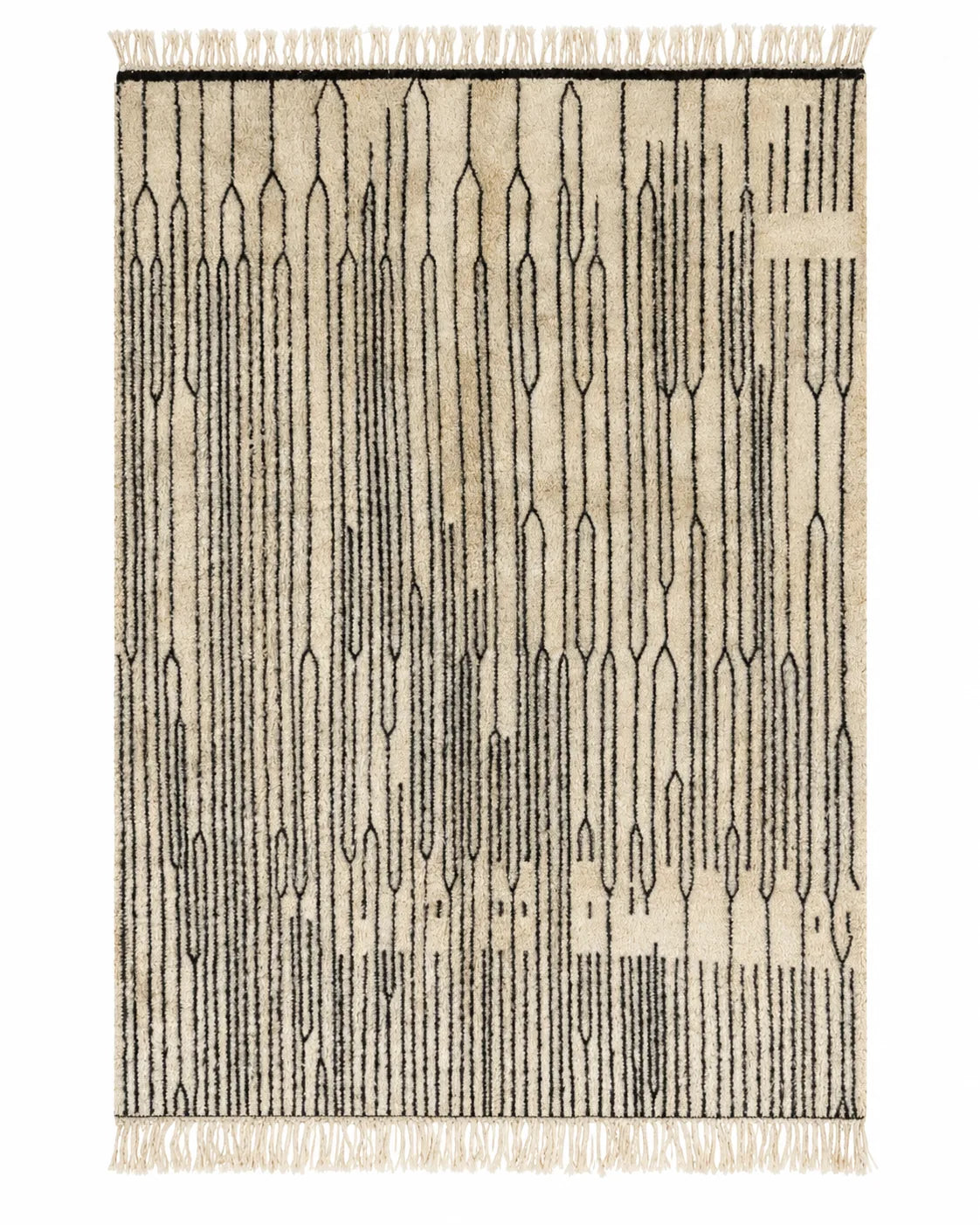Front view of Mrirt wool rug, fine black stripes and narrow diamonds on a cream wool ground