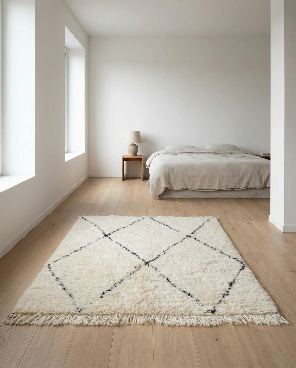 Hochflor Beni Ourain Teppich aus Schafwolle in Schwarz Weiss in Rauten Muster in Schlafzimmer 