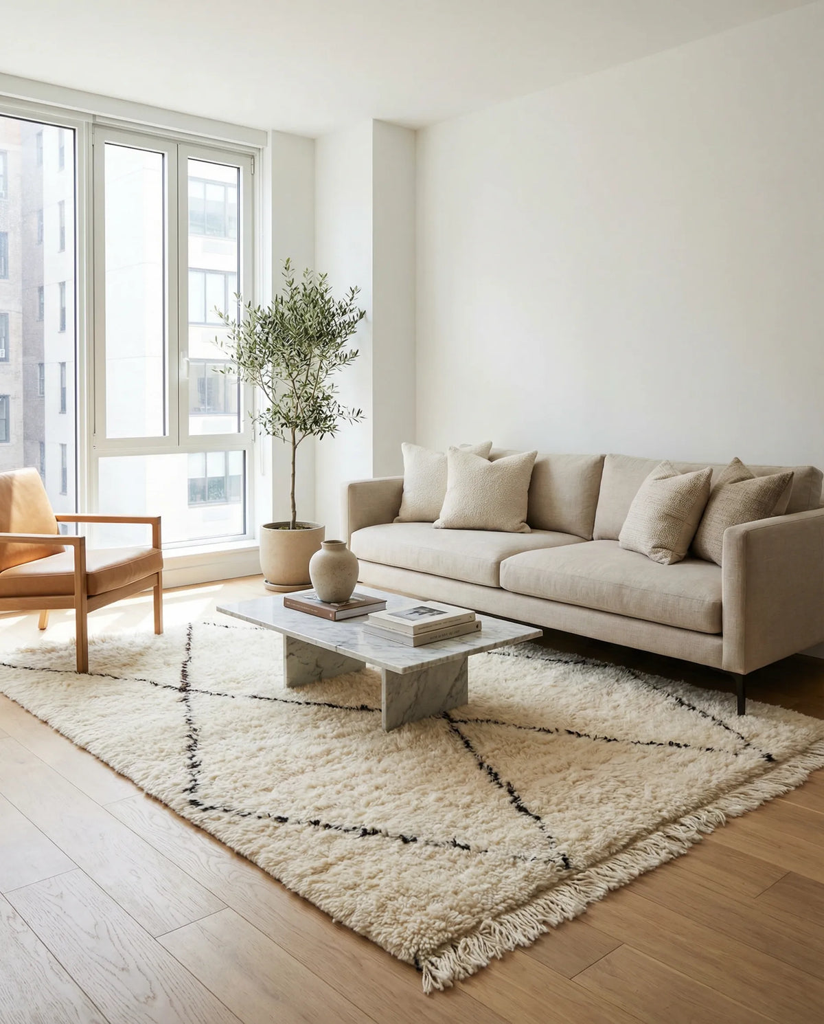Schwarz Weiss Beni Ourain Teppich aus Schafwolle in Moderner Wohnzimmer 