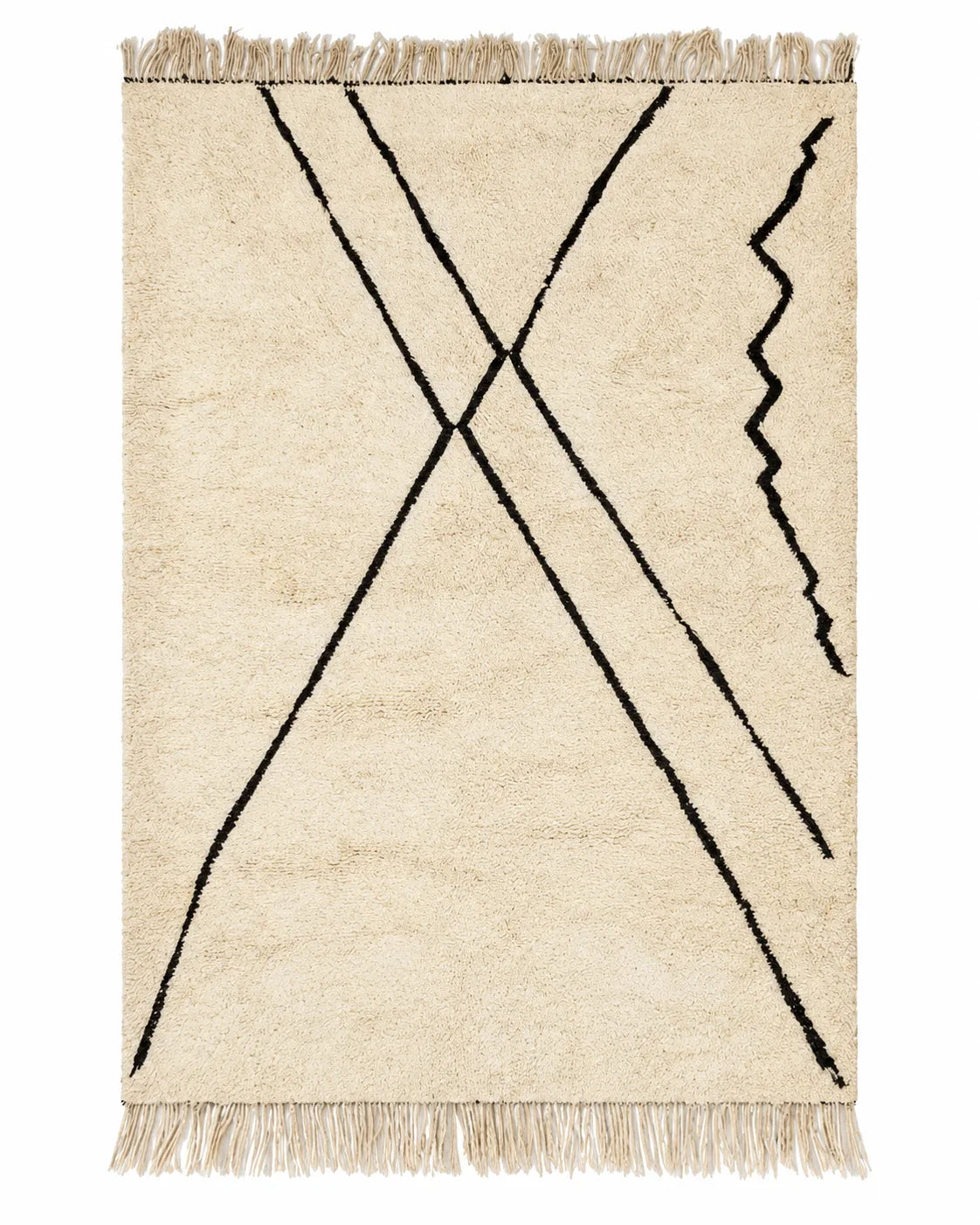 Front view of Beni Ourain wool rug, black crosses and an edge zigzag on a natural white ground