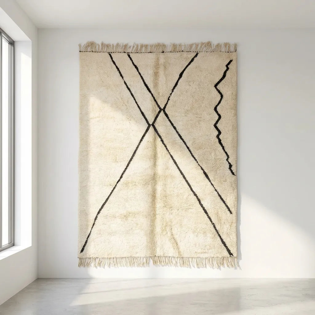 Beni Ourain wool rug, black crosses and an edge zigzag on a natural white ground, product view 2