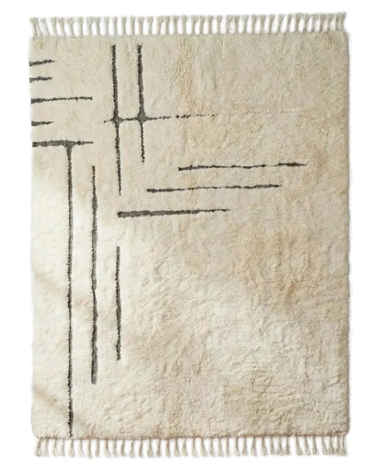 Front view of Moroccan wool rug, asymmetrical black lines on a cream high-pile ground