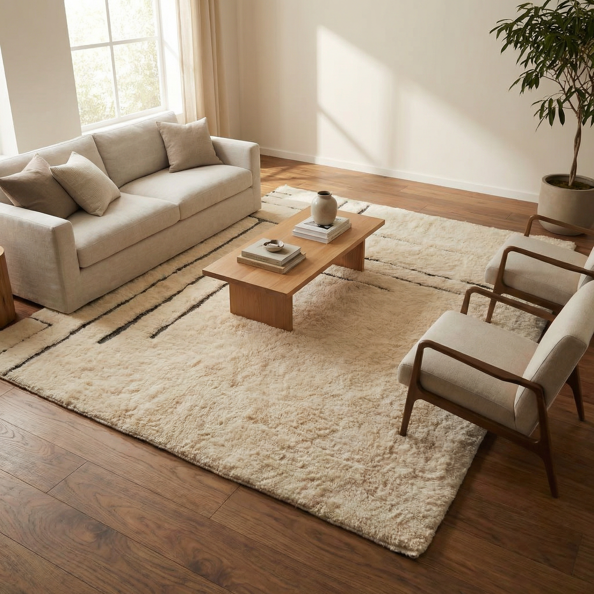 Moroccan wool rug, asymmetrical black lines on a cream high-pile ground in a living room setting