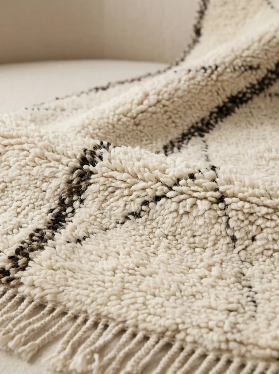 flauschiger Beni Ourain Berber-Teppich in Weiss mit modernem Rautenmuster aus echter Schafwolle.