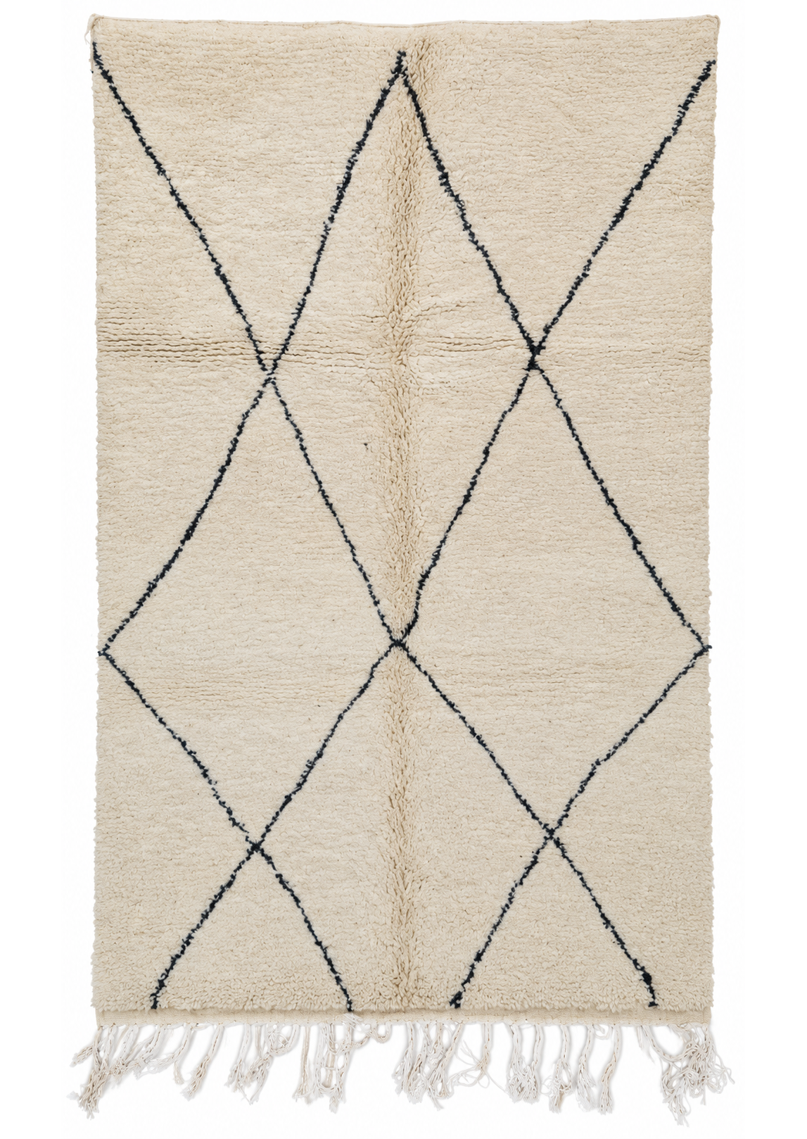 Beni Ourain Vintage Teppich MF-001 in Creme-Schwarz, 268 × 161 cm – digital begradigte Gesamtansicht