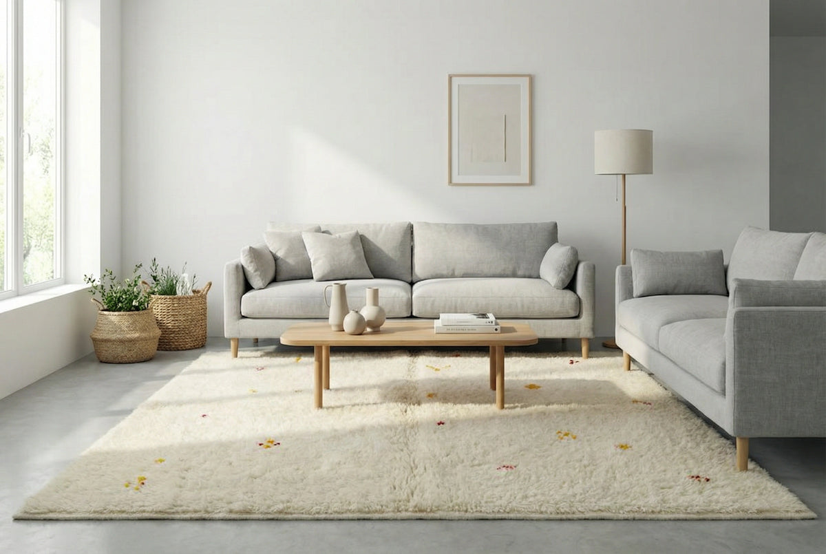 Moroccan wool rug, small yellow, orange and red motifs on a cream wool ground in a living room setting