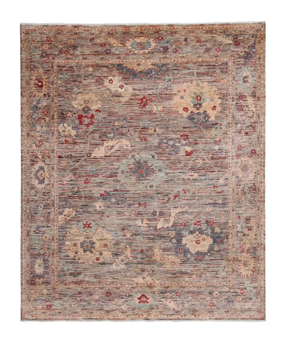 Gray Afghan Rug with Cream & Red Rosettes, 298 × 248 cm, overall view.