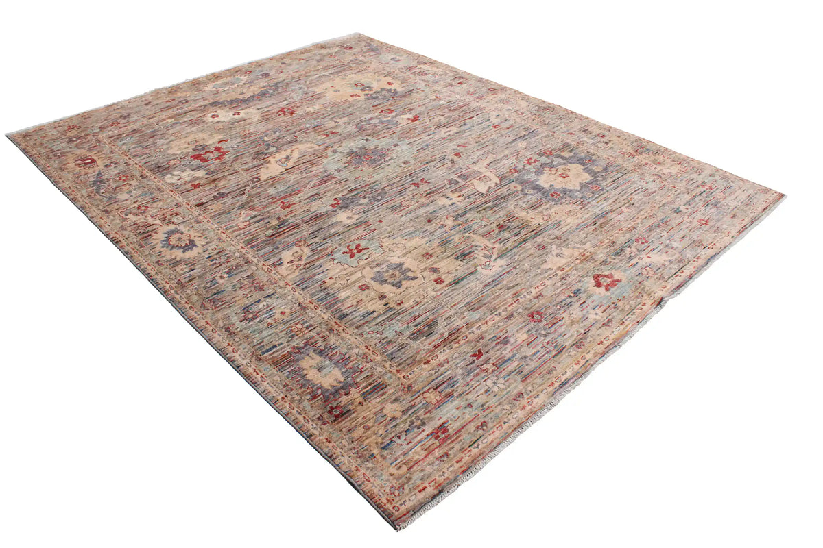 Gray Afghan Rug with Cream & Red Rosettes, 298 × 248 cm, view 3.