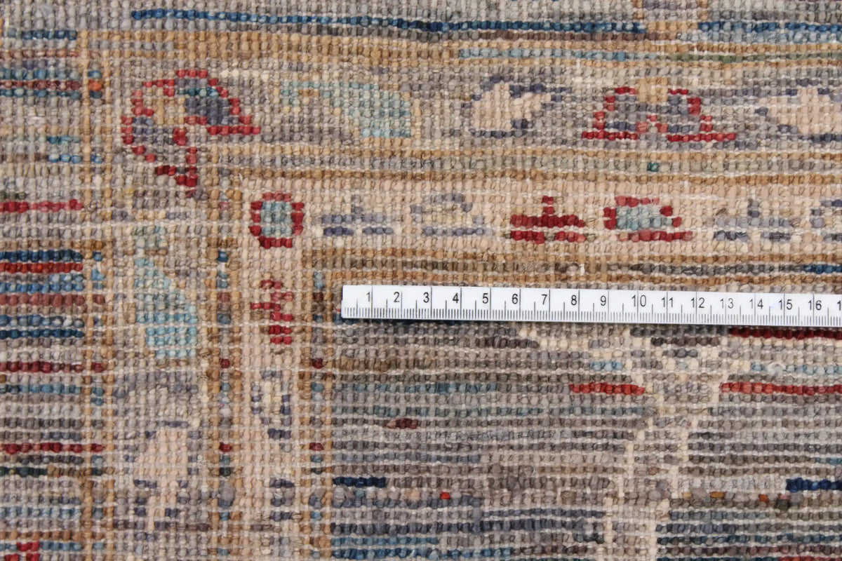 Gray Afghan Rug with Cream & Red Rosettes, 298 × 248 cm, view 5.