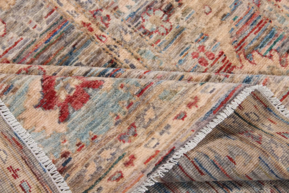 Gray Afghan Rug with Cream & Red Rosettes, 298 × 248 cm, view 7.