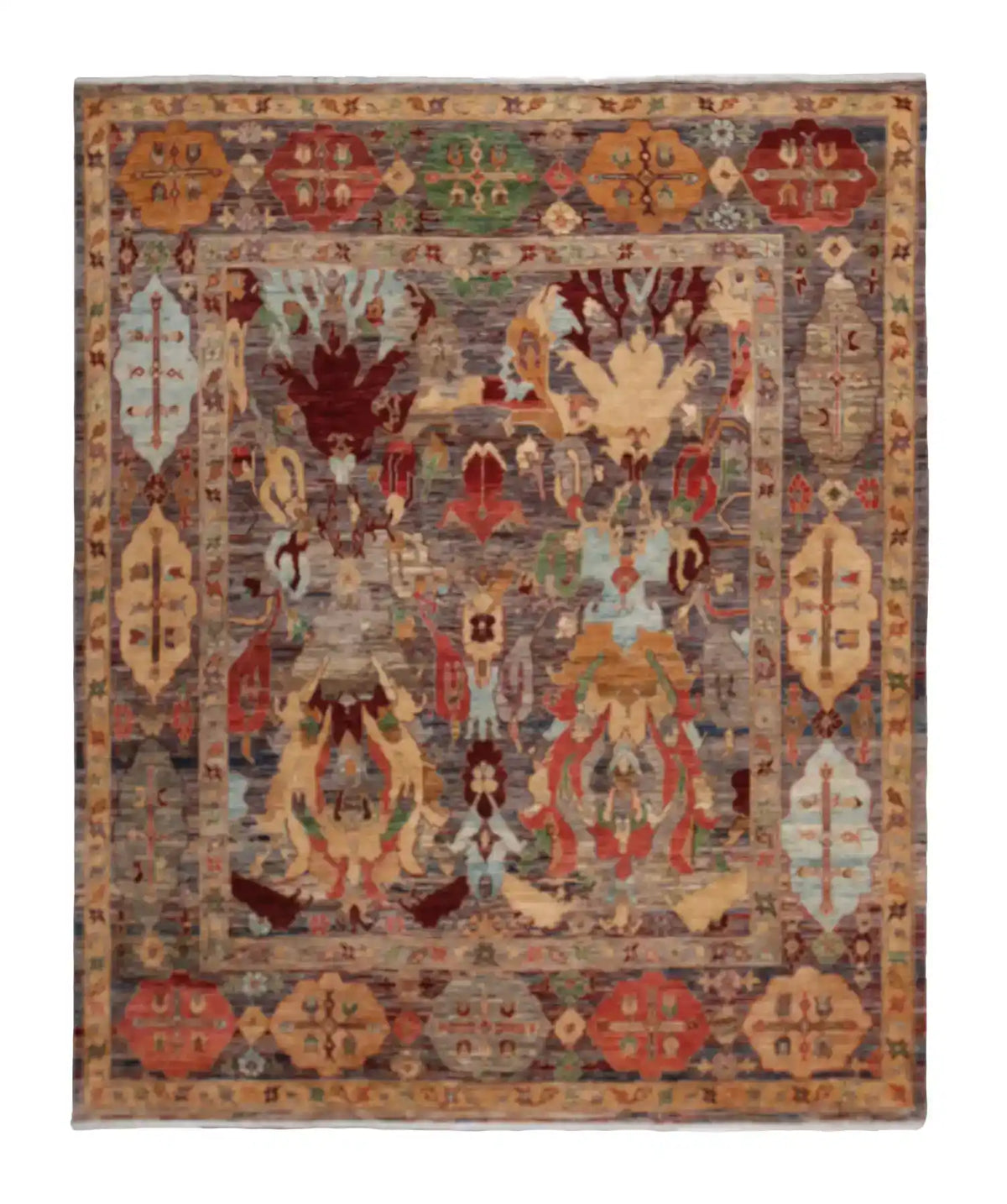 Afghan Rug with Red, Gold & Cream Leaves, 297 × 248 cm, overall view.