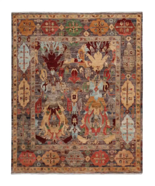 Orientteppich mit großen Blättern in Rot, Gold und Creme, 297 × 248 cm – Gesamtansicht