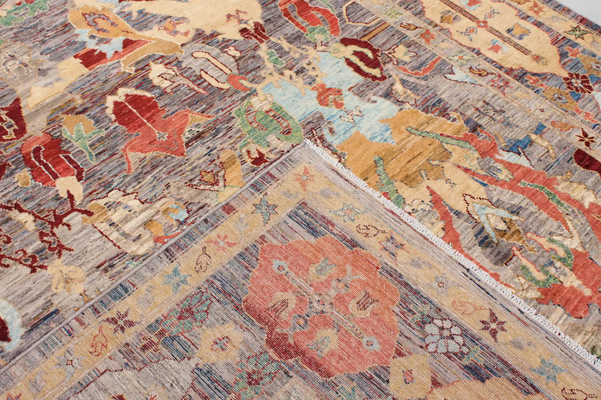 Afghan Rug with Red, Gold & Cream Leaves, 297 × 248 cm, view 5.