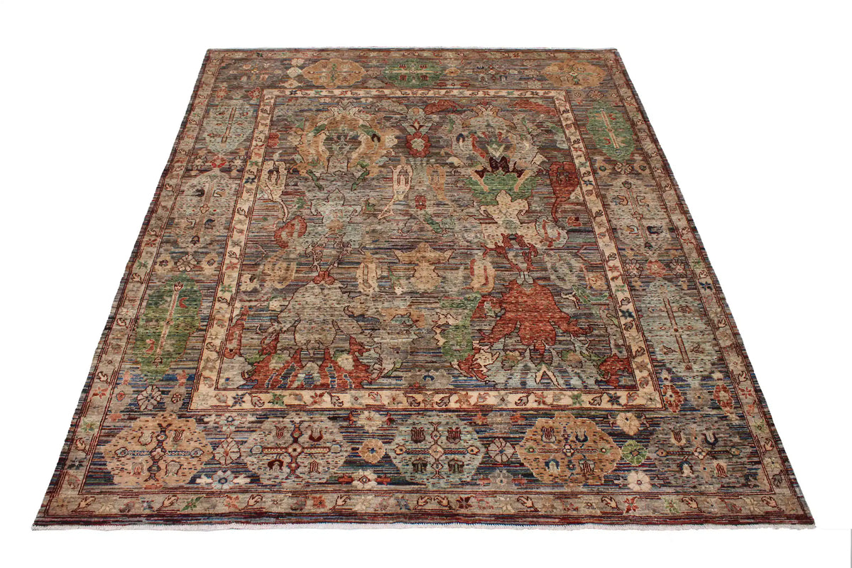 Dark Brown Afghan Rug with Red & Green Leaves, 303 × 250 cm, view 2.