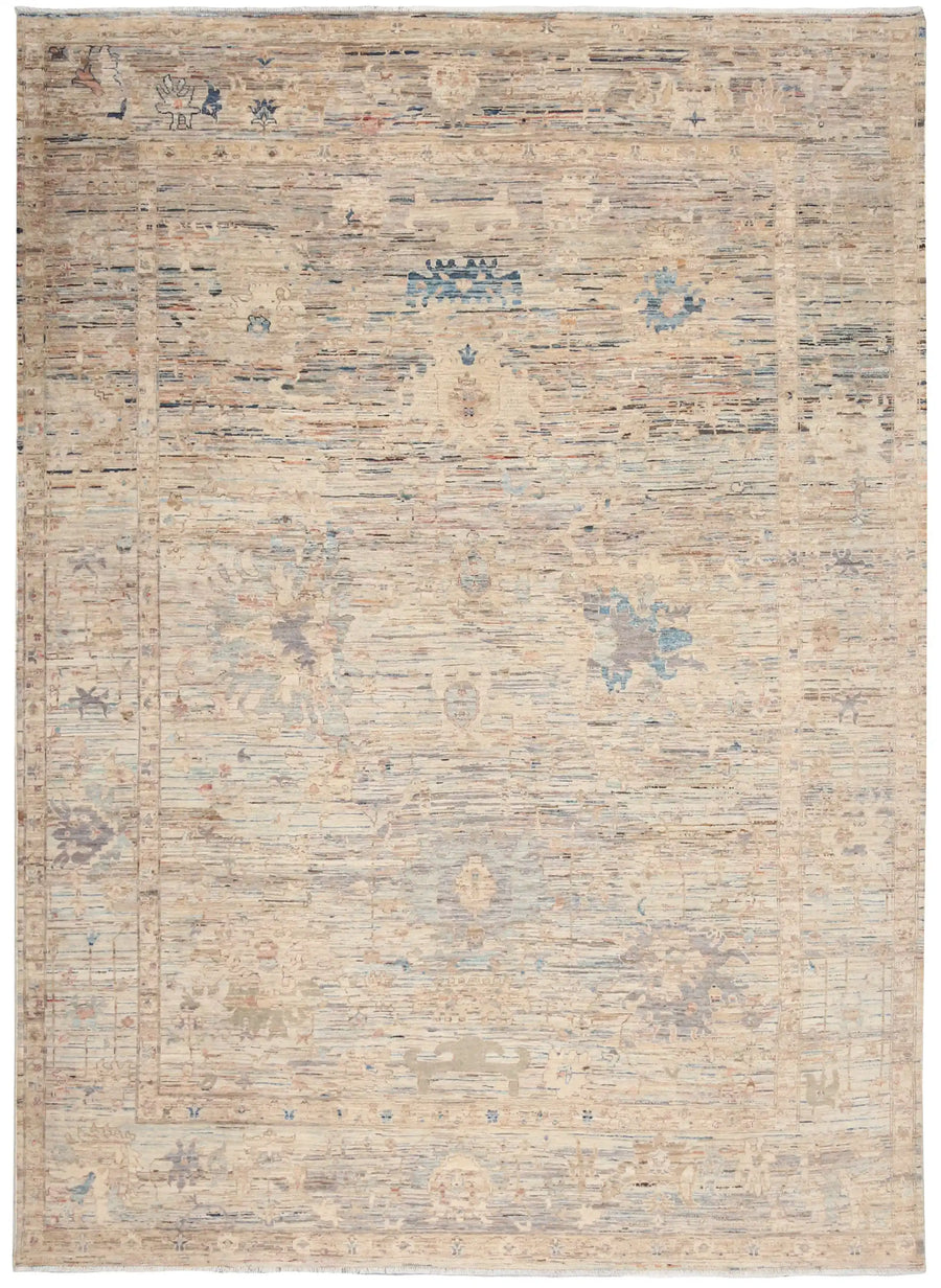 Large Beige & Blue Art Deco Rug, 396 × 300 cm, overall view.