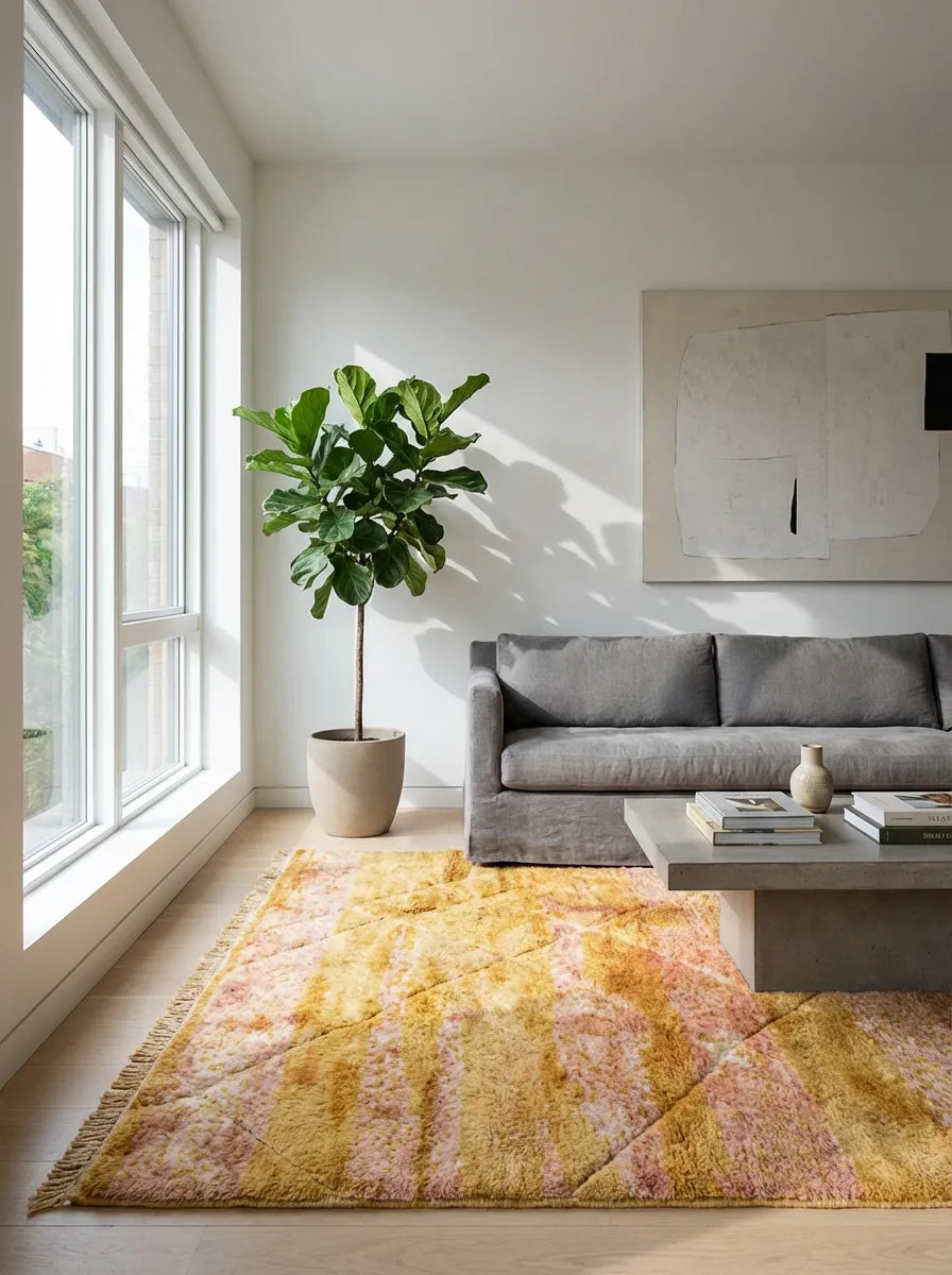 Großer berber Teppich für Wohnzimmer in hellen Raum und grauen Sofa 