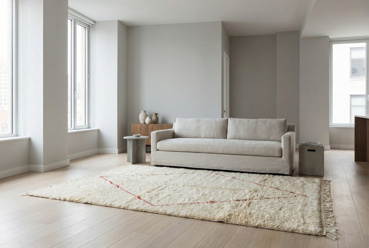Moroccan wool rug, bold red diamond on a cream high-pile ground in a living room setting