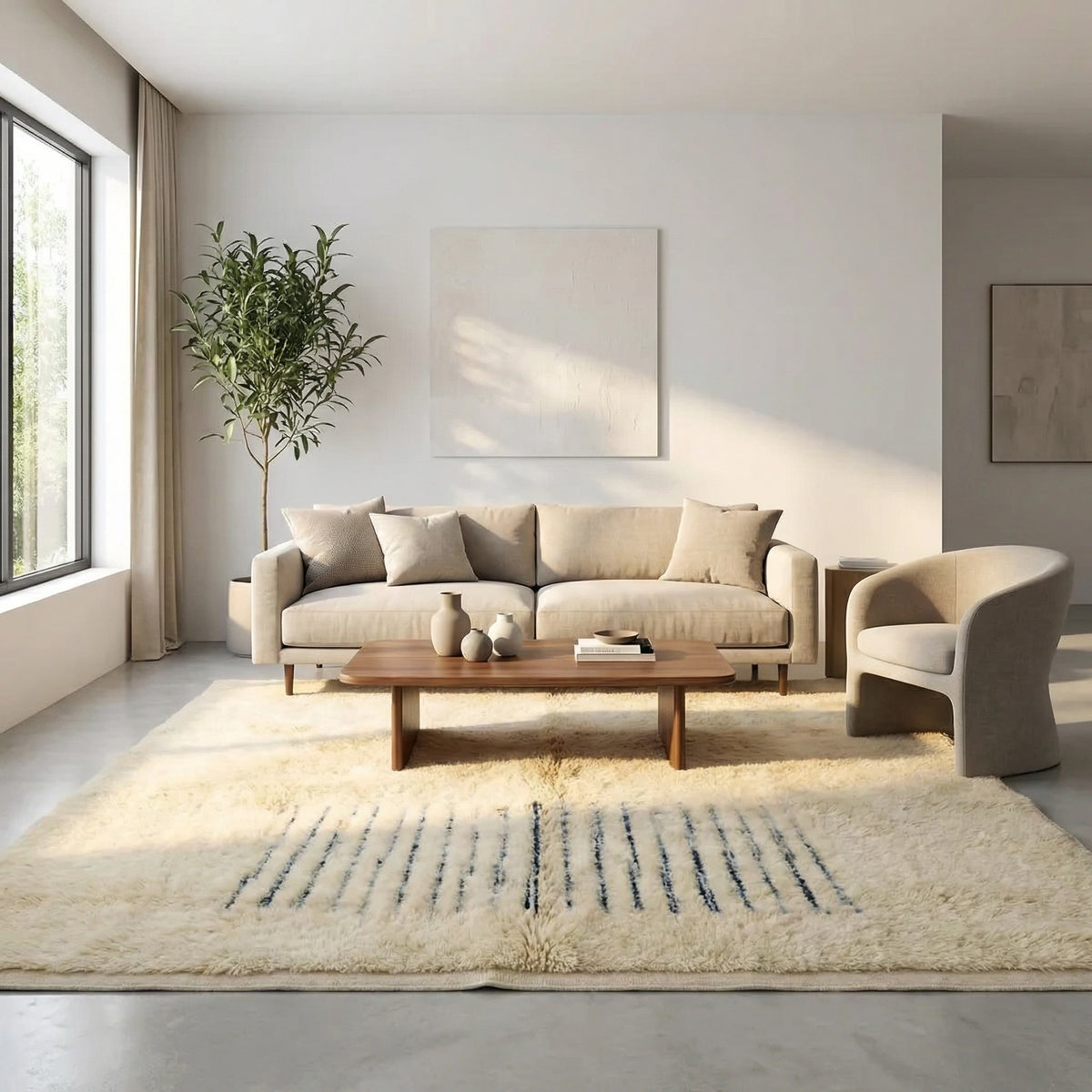 Moroccan wool rug, short dark blue lines near one end of a cream high-pile ground in a living room setting