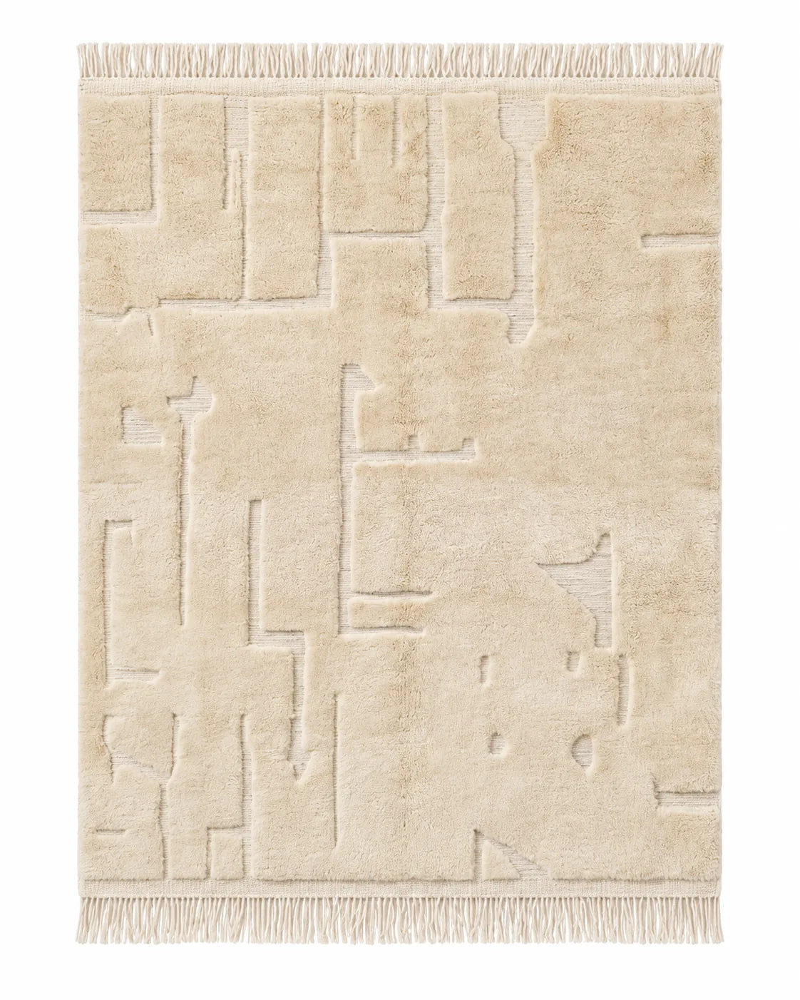 Beni Ourain wool rug, beige tonal pattern formed by changes in pile height in a living room setting