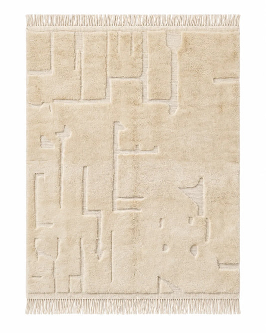 Handgeknüpfter Berber-Teppich in Beige mit modernem Reliefmuster aus echter Schafwolle.