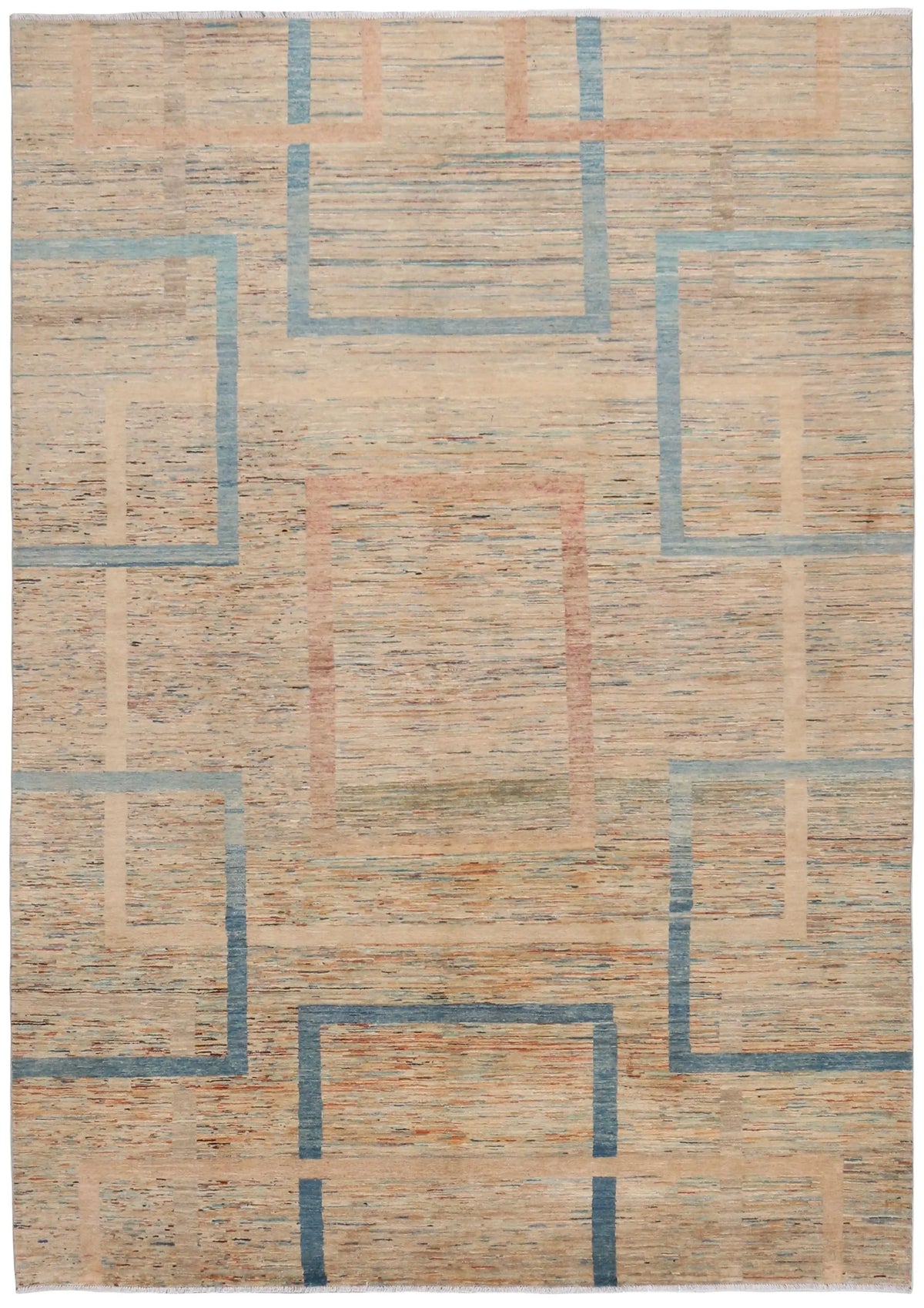 Moderner Wollteppich in Sand und Blau mit Rechtecken, 350 × 250 cm – Gesamtansicht