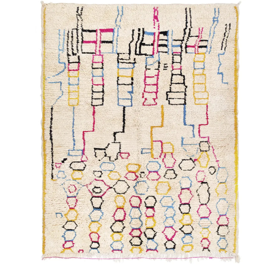 Front view of Azilal wool rug, cream ground with rows of colorful geometric symbols