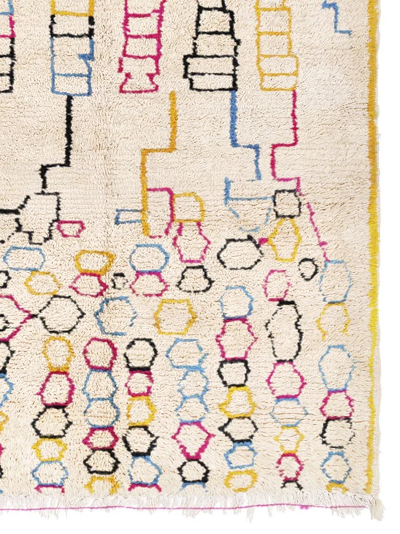 Azilal wool rug, cream ground with rows of colorful geometric symbols, product view 3