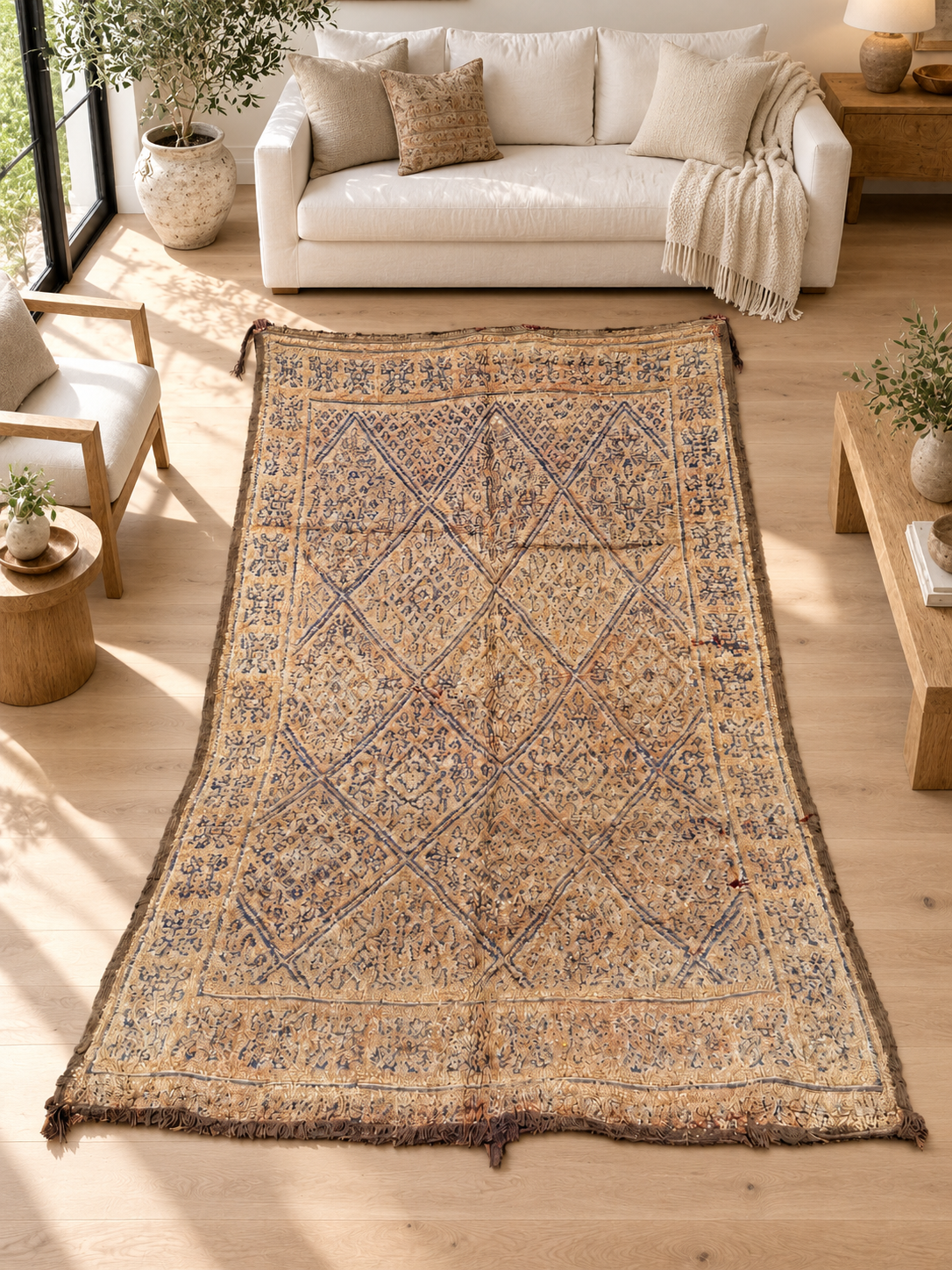 AI-generated room inspiration: Beige Vintage Moroccan Rug with Large Diamonds, 340 × 190 cm.