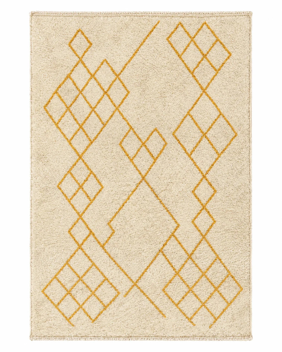Front view of Mrirt wool rug, saffron yellow diamond motifs