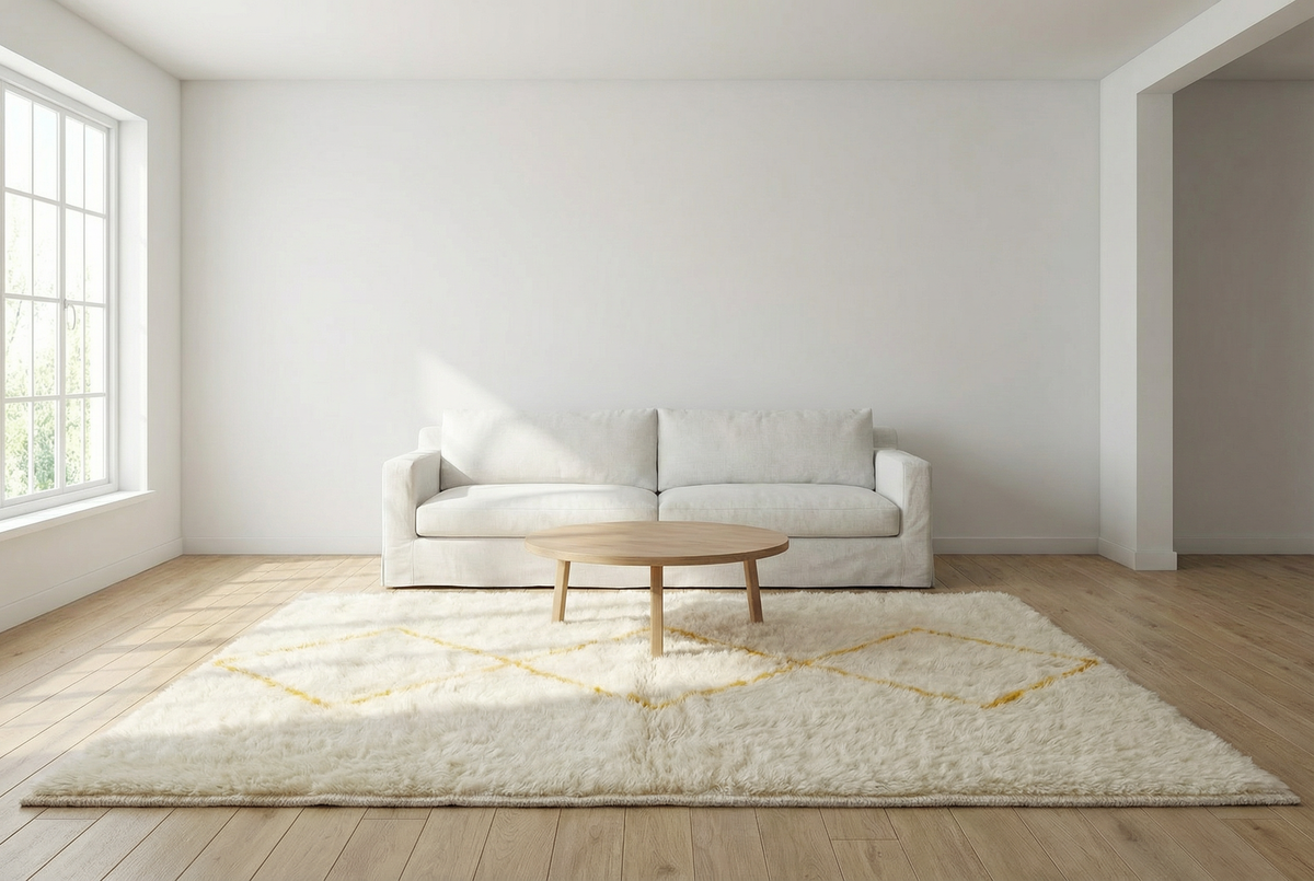 Der cremeweiße, flauschige Beni M'rirt Berber Teppich als gemütlicher Blickfang ausgelegt im Wohnzimmer
