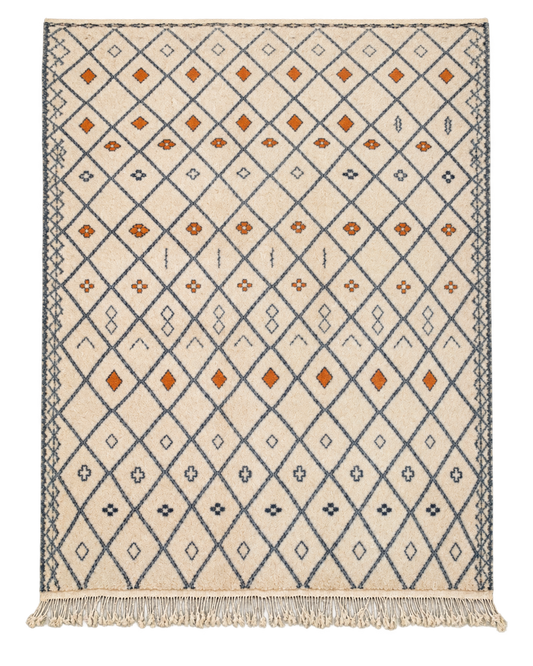 Beni Ourain Teppich Naturweiß mit Rauten und Ockerakzenten – 465 × 372 cm, gerade ausgerichtete Gesamtansicht
