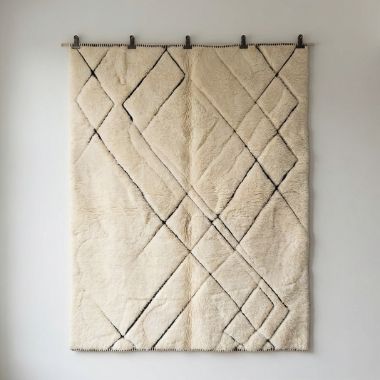 Handgeknüpfter Beni Ourain Berber-Teppich Abstract in Creme mit modernen, abstrakten Linien in Schwarz.