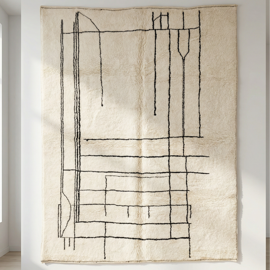 Handgeknüpfter Beni Ourain Berber-Teppich Grid in Creme mit einem feinen, schwarzen geometrischen Linien- und Rastermuster aus reiner Schurwolle