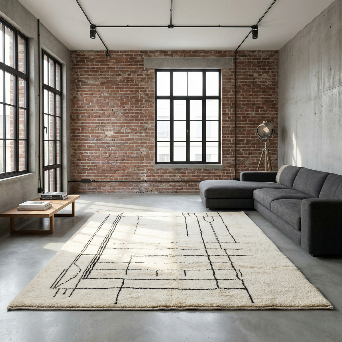 Beni Ourain wool rug, fine geometric grid on a cream wool ground in a living room setting