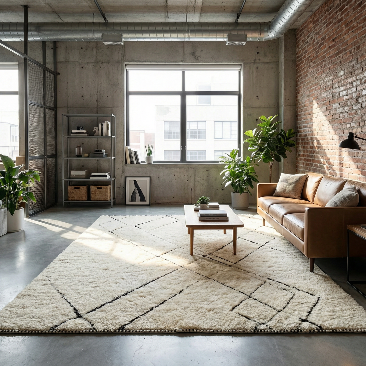 Beni Ourain wool rug, freely arranged black lines on a cream wool ground in a living room setting
