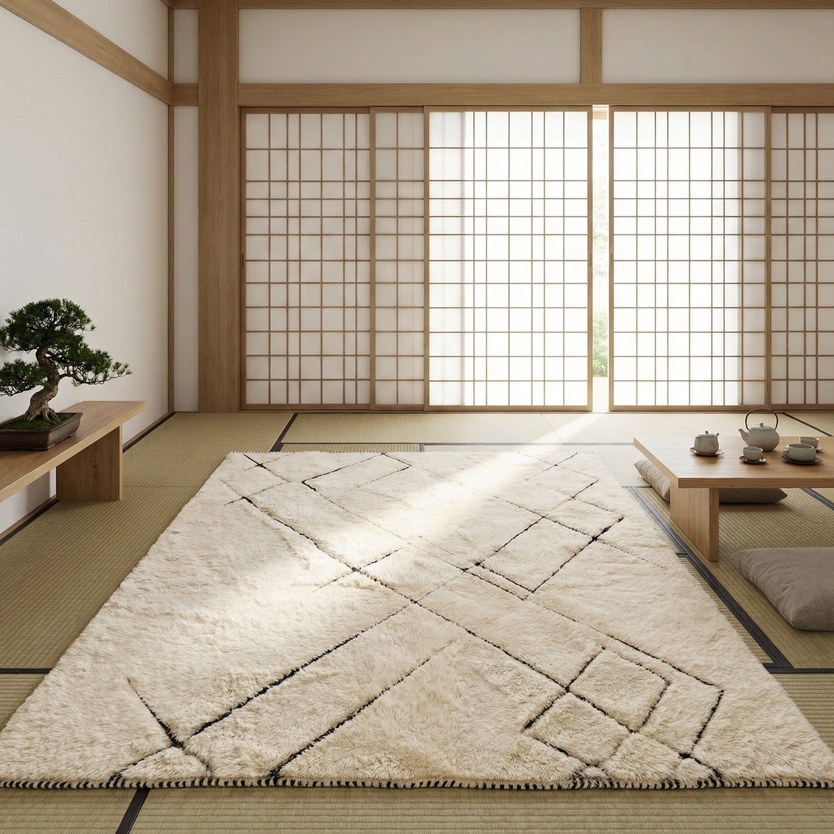 Beni Ourain wool rug, freely arranged black lines on a cream wool ground in a living room setting