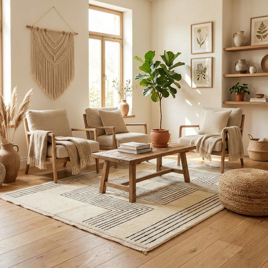 Handgeknüpfter Beni Ourain Berber-Teppich Mäander in Creme ausgelegt in einem gemütlichen Wohnzimmer im Boho-Chic mit Rattansesseln und Makramee