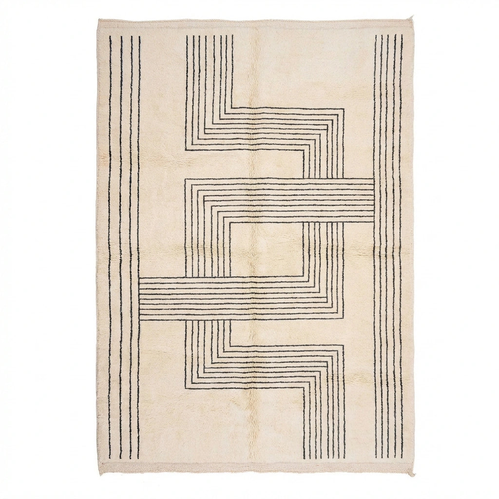 Handgeknüpfter Beni Ourain Berber-Teppich in Creme mit einem modernen, geometrischen Mäander- und Labyrinth-Linienmuster aus reiner Schurwolle