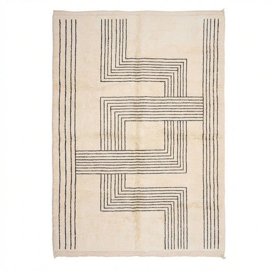 Handgeknüpfter Beni Ourain Berber-Teppich in Creme mit einem modernen, geometrischen Mäander- und Labyrinth-Linienmuster aus reiner Schurwolle