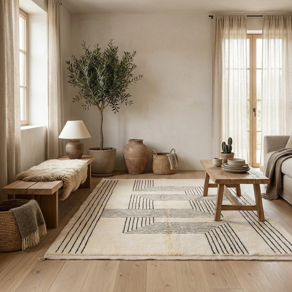 Handgeknüpfter Beni Ourain Berber-Teppich Mäander ausgelegt in einem hellen, minimalistischen Wohnzimmer im Japandi- und Wabi-Sabi-Stil mit Holzmöbeln und einem Olivenbaum