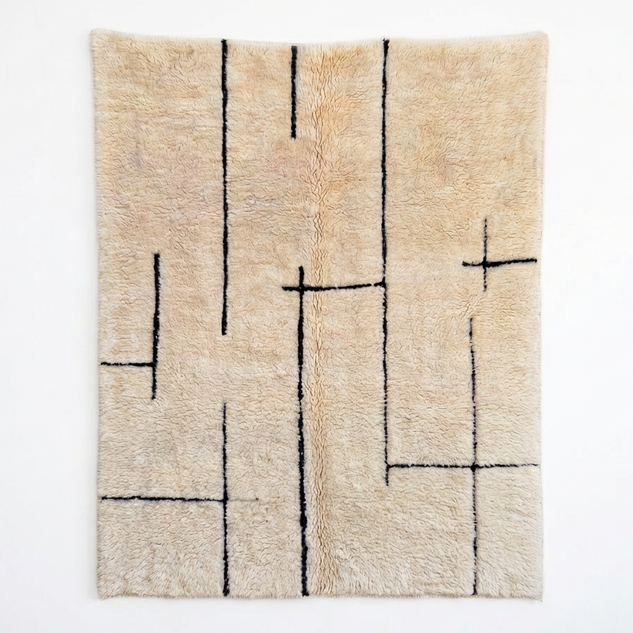 Handgeknüpfter Beni Ourain Berber-Teppich Maze in Creme mit einem modernen, schwarzen Labyrinth- und Linienmuster aus reiner Schurwolle.