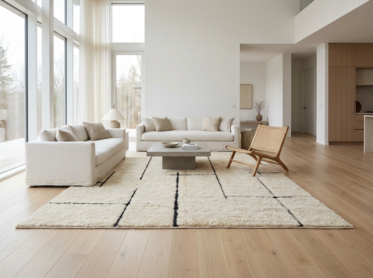 Handgeknüpfter Beni Ourain Berber-Teppich Maze ausgelegt in einem großen, hellen Wohnzimmer einer Luxus-Villa mit beigen Sofas und großen Fensterfronten