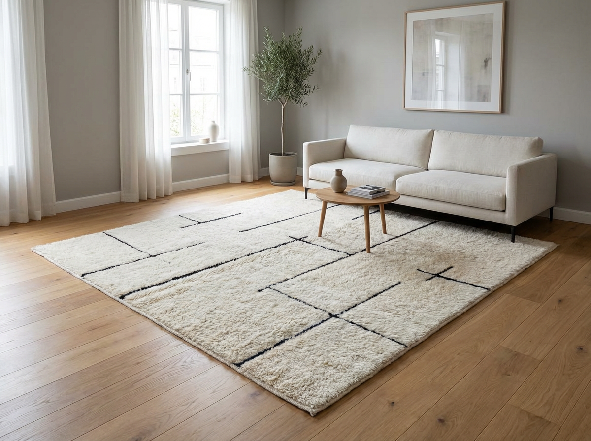 Handgeknüpfter Beni Ourain Berber-Teppich Maze in Creme ausgelegt in einem hellen Wohnzimmer mit modernem Sofa und eleganter Zimmerpflanze