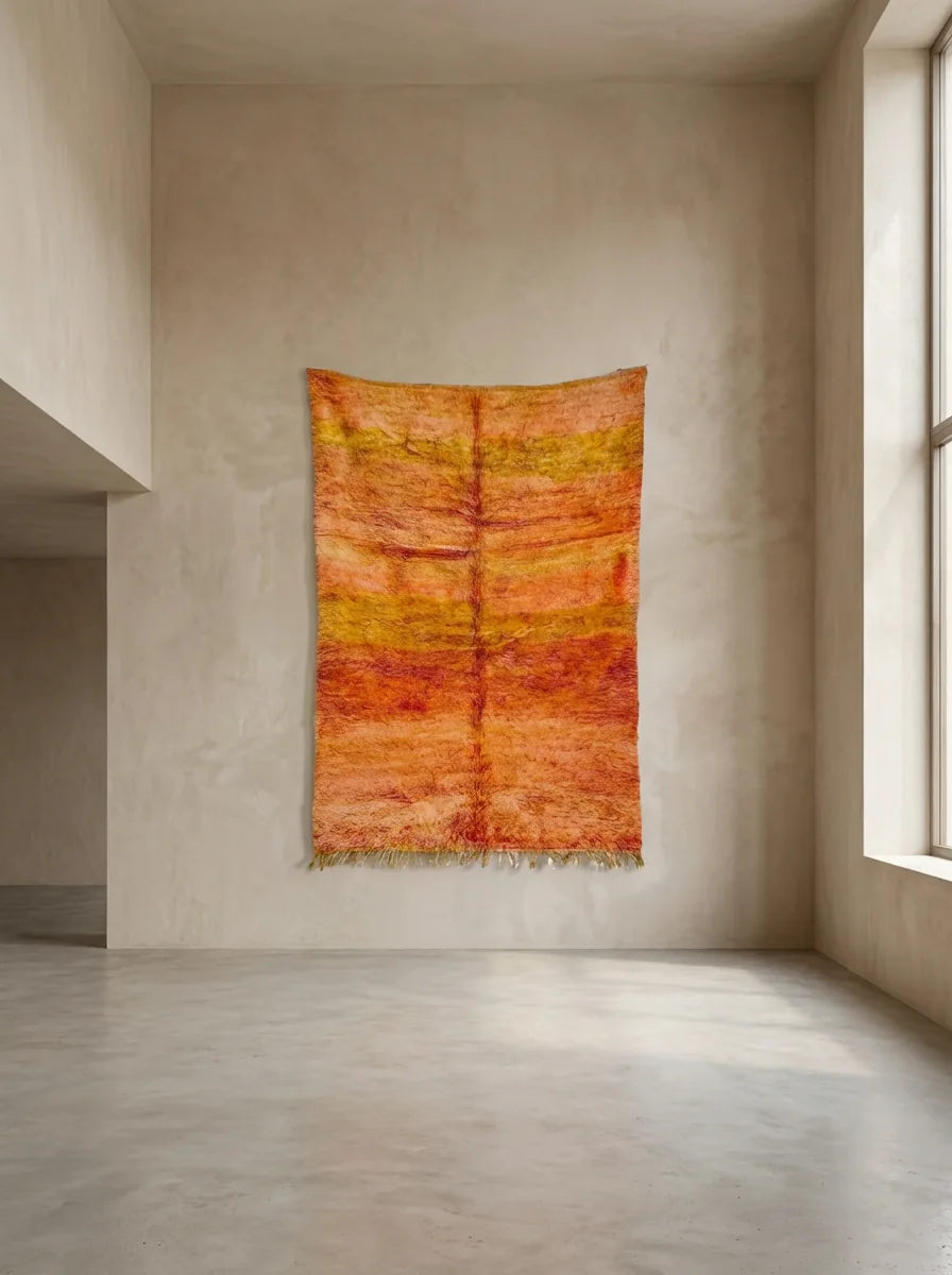 Beni Ourain wool rug, orange and pink ground with fine horizontal stripes, product view 2